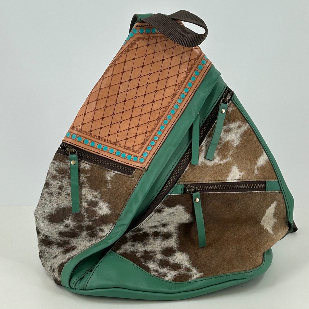 Ranch Boho Western Sling Backpack Green Leather Cowhide Turquoise Studded Boho